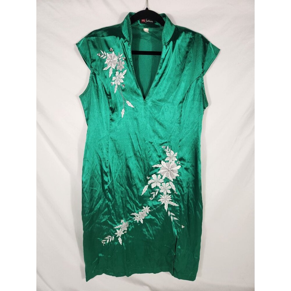 VN Fashion Womens Emerald Green 100% Silk Beaded Cheongsam Dress XXXL Please see